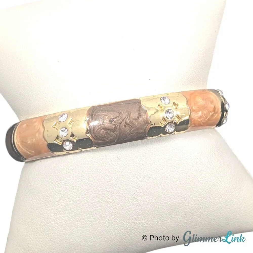 Earth Tone Enamel Gold Tone Hinged Clamper Bracelet